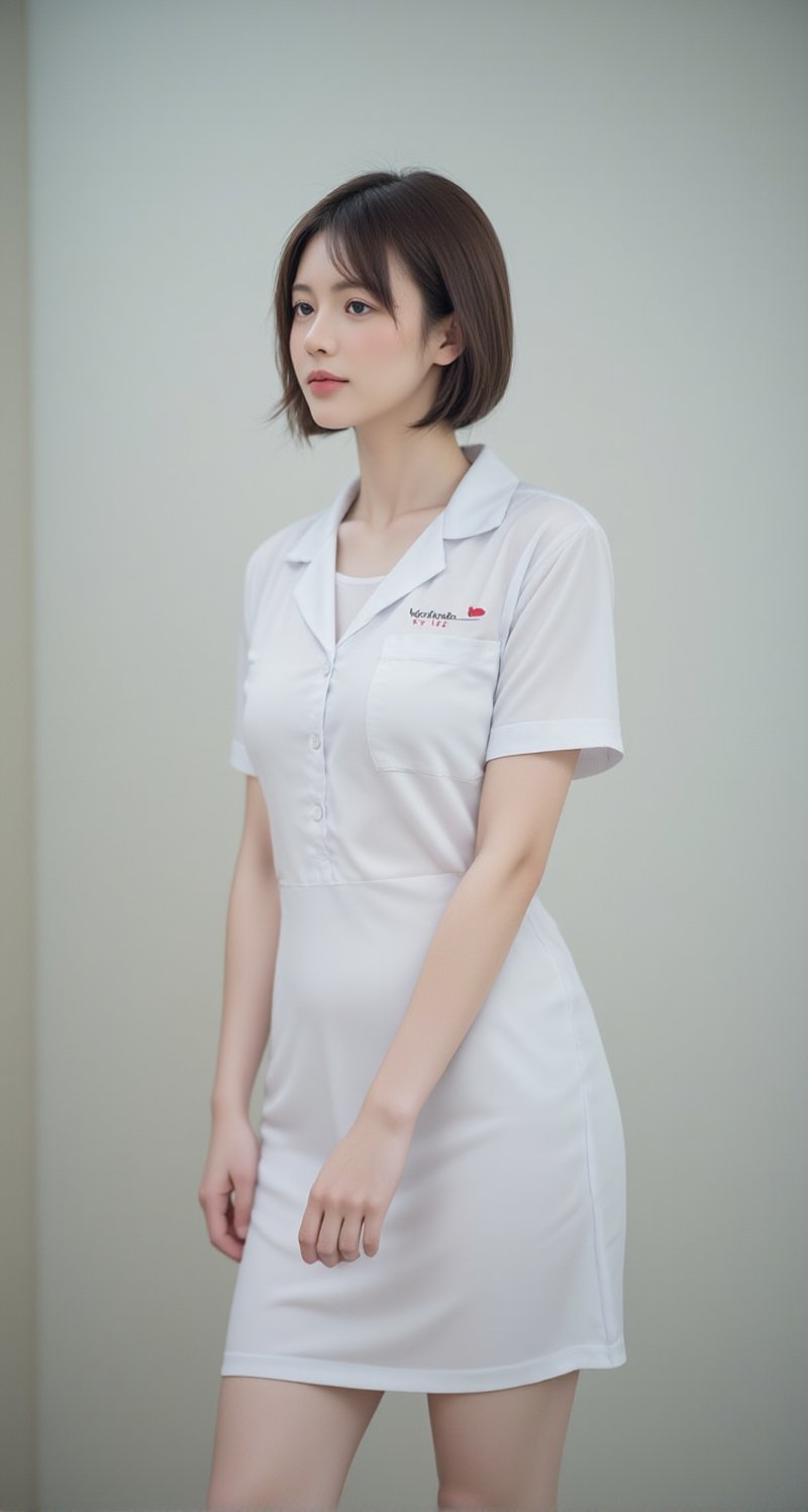 masterpiece, Highest quality:1.3, Ultra high definition 8K:1.2, hyperRealistic:1.35, RAW Photos:1.2, Highest quality, High resolution, wallpaper, Realistic, dramatic, Realistic painting art by midjourney:1.3, 1 Thai female nurse, 25 years old, sexy White nurse uniform,  medium beast, open chest, cleverage, short white tight skirt:1.3, Walking in the hospital, so beautiful, Beautiful Skin, Detailed face, Symmetrical face, double eyelid, Beautiful and detailed, Friendly kind smile, Beautiful glossy lips, I chipped a tooth, Very short bob hair, Accentuate your body lines, Perfect Style, cowboy_shot, Bokeh Background, morning dawn, Natural soft light), sexy pose