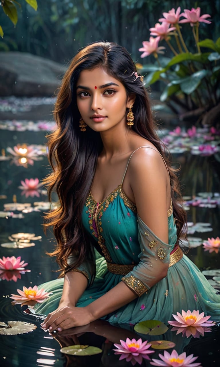 beautiful Indian girl,  23 year old,  A stunning young woman with long flowing hair peacefully immersed in the ethereal gl...