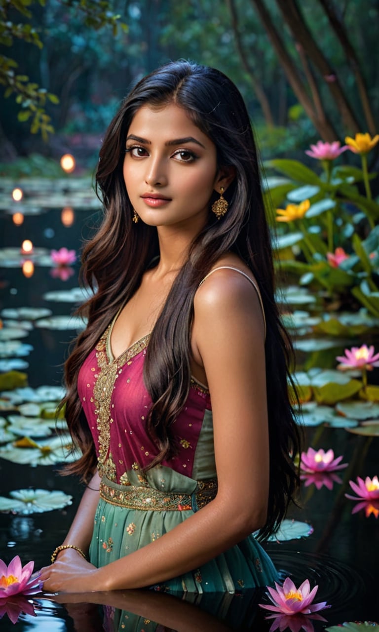 beautiful Indian girl,  23 year old,  A stunning young woman with long flowing hair peacefully immersed in the ethereal gl...