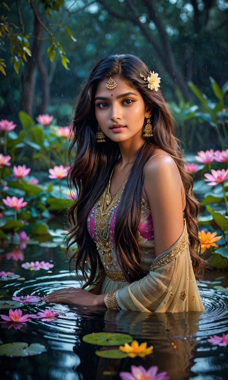beautiful Indian girl,  23 year old,  A stunning young woman with long flowing hair peacefully immersed in the ethereal gl...