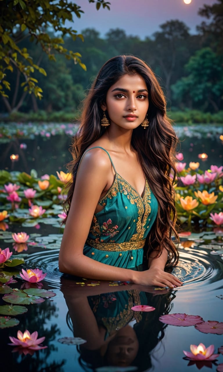 beautiful Indian girl,  23 year old,  A stunning young woman with long flowing hair peacefully immersed in the ethereal gl...