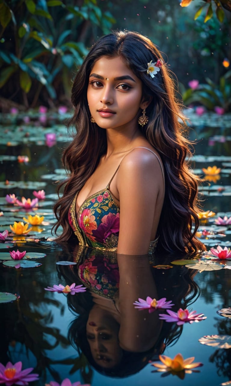 beautiful Indian girl,  23 year old,  A stunning young woman with long flowing hair peacefully immersed in the ethereal gl...