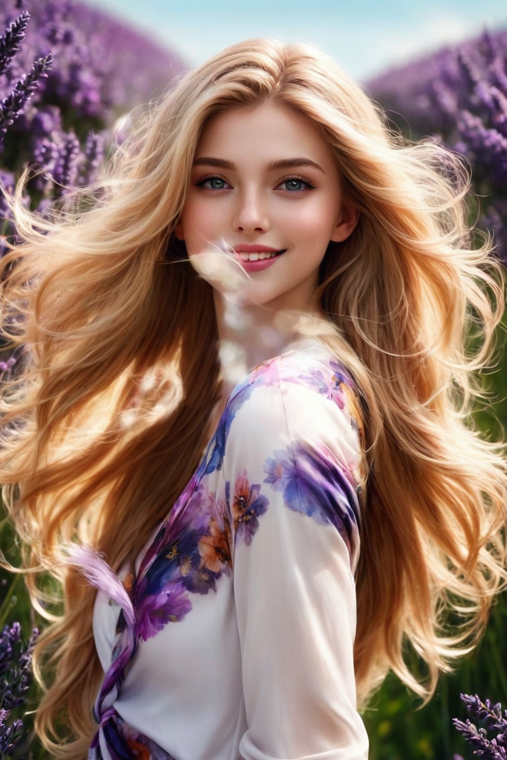 
Girl 1, ultra-high definition, wind-blown hair, purple eyes, long straight golden hair, exquisite facial features, big eyes, long and dense eyelashes, big smile, very white skin, very white, {{{Masterpiece} } }, {{Highest quality}}, high resolution, high definition, natural pose girl in daily life 1, second high definition, wind-blown hair, purple eyes, long straight blonde hair, exquisite facial features, smile, {{ {Masterpiece}}}, {{Highest Quality}}, High Resolution, High Quality, Natural Poses in Everyday Life, Very Realistic, Best Coordination, Colors, Designs, Kasturi, Ishiqa, Groups of Lavender Flowers Behind Girls . , color ink effect, and ink effect. full bdoy , girl wear beautiful drss.
