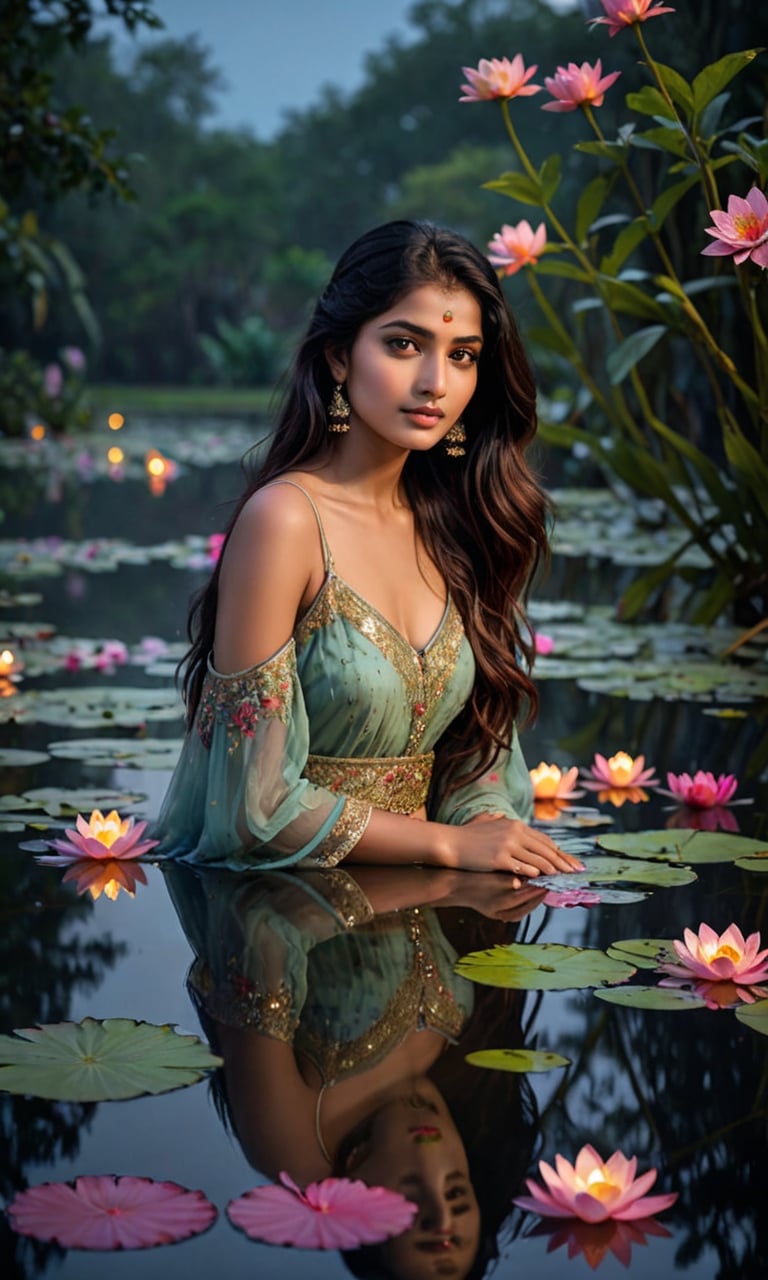 beautiful Indian girl,  23 year old,  A stunning young woman with long flowing hair peacefully immersed in the ethereal gl...