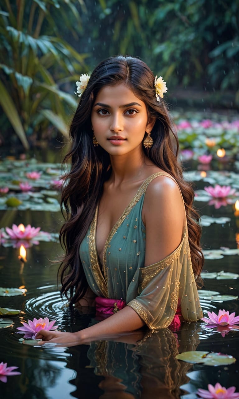 beautiful Indian girl,  23 year old,  A stunning young woman with long flowing hair peacefully immersed in the ethereal gl...