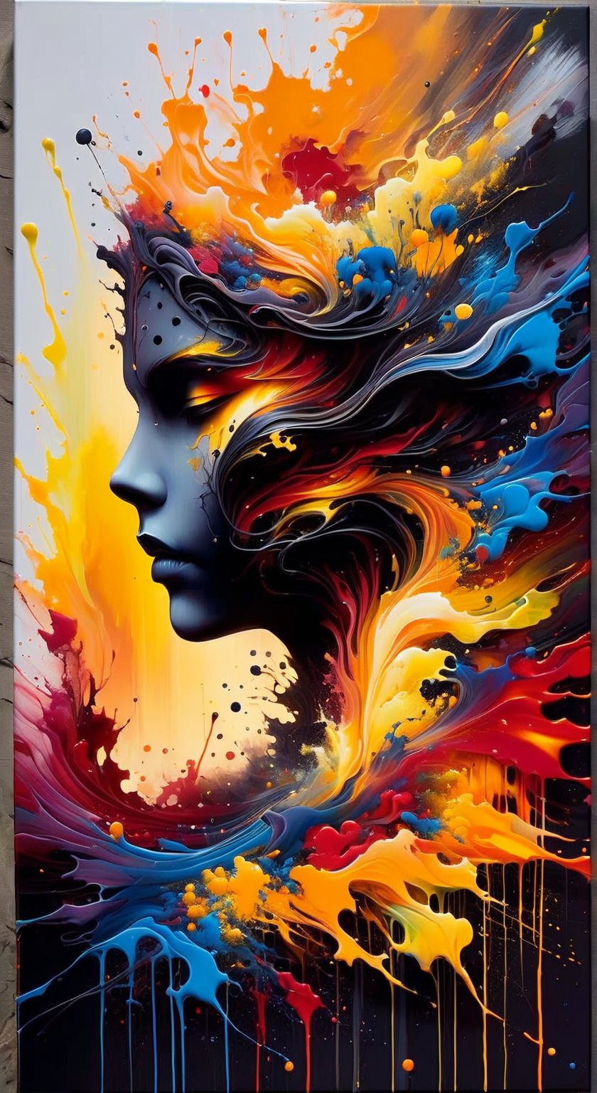 A dark fantasy portrait, dominated by warm hues of orange, yellow, and red. The artwork features splatters and blends of these vibrant colors, creating a sense of movement and energy. The entire canvas appears wet, with the colors merging and blending in various areas, forming a dynamic and fluid appearance. The overall atmosphere of the painting is mysterious and evocative, drawing the viewer into its hauntingly beautiful world., dark fantasy