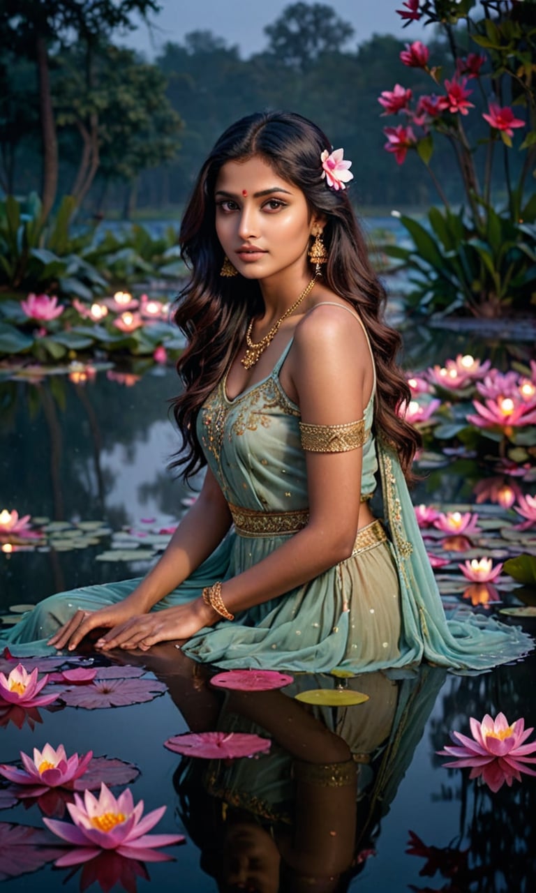 beautiful Indian girl,  23 year old,  A stunning young woman with long flowing hair peacefully immersed in the ethereal gl...