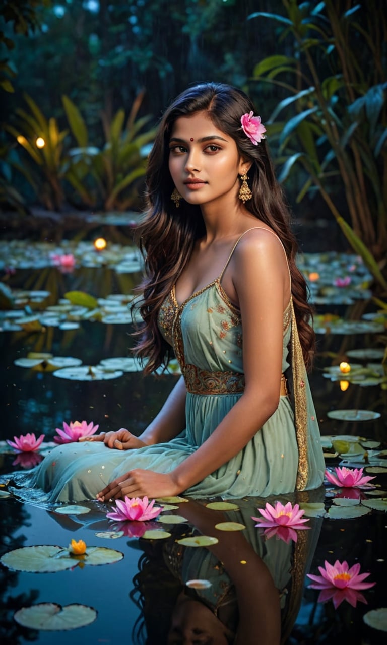 beautiful Indian girl,  23 year old,  A stunning young woman with long flowing hair peacefully immersed in the ethereal gl...
