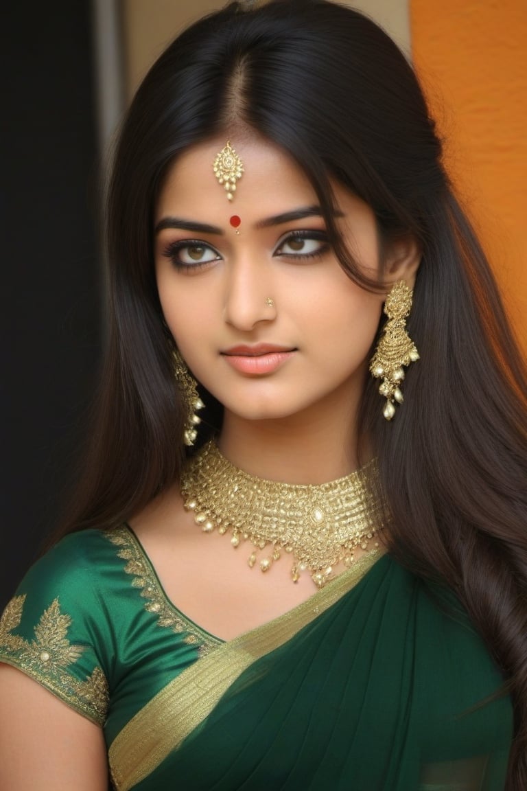 a beautiful realistic Indian girl with long hair and wearing a deep green/gold sari, like humanbean,asian girl, she is having tilak in her forehead