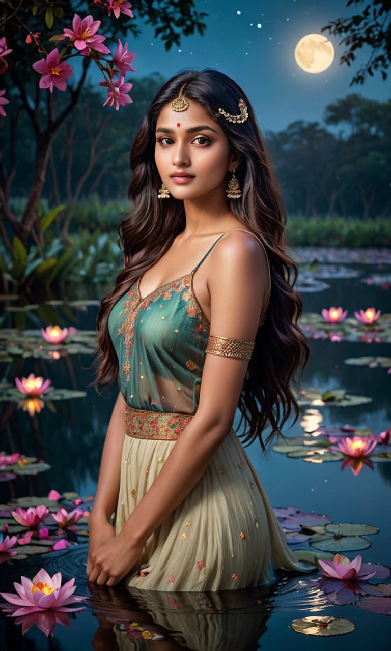 beautiful Indian girl,  23 year old,  A stunning young woman with long flowing hair peacefully immersed in the ethereal gl...