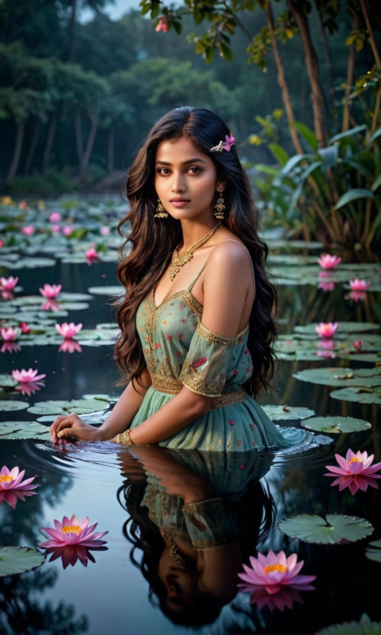 beautiful Indian girl,  23 year old,  A stunning young woman with long flowing hair peacefully immersed in the ethereal gl...