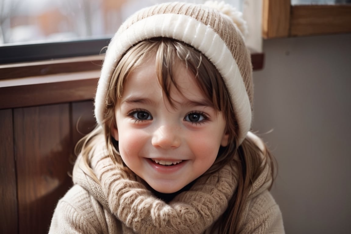 a cute kid, morning, lightbrown_hair, winter,happy_face, 