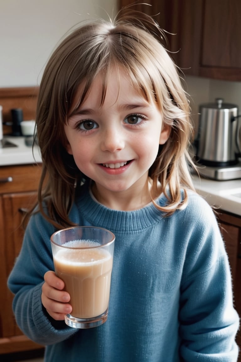 a cute kid, morning, lightbrown_hair, winter,happy_face, full-body_portrait,<30_second_webm,drinking_glass.