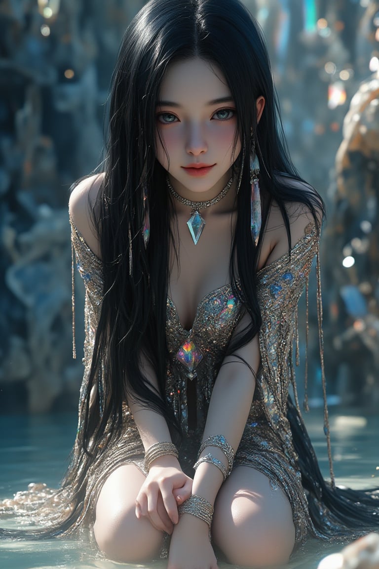 Super detailed, super realistic, beastly,beautiful Nordic girl, long straight black hair, (beautiful blue eyes), almond eyes, wearing an elegant gorgeous crystal bead dress with strings of tassels, wearing a necklace. Smiling, kneeling in the sand, with a pool of water behind him. Face the audience and immerse yourself in a crystal cave that is covered with crystals and sparkling. The crystals scatter a rainbow with diffraction, and the huge crystal fragments emit bright neon reflections. Her skin was covered
Beautiful crystal blue eyes, almond eyes, aw0k euphoric style, ,perfect likeness of TaisaSDXL,dal,ct-identityV2,Adrr-tsfft