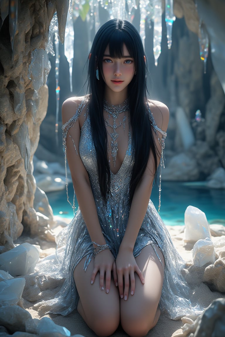 Super detailed, super realistic, beastly,beautiful Nordic girl, long straight black hair, (beautiful blue eyes), almond eyes, wearing an elegant gorgeous crystal bead dress with strings of tassels, wearing a necklace. Smiling, kneeling in the sand, with a pool of water behind him. Face the audience and immerse yourself in a crystal cave that is covered with crystals and sparkling. The crystals scatter a rainbow with diffraction, and the huge crystal fragments emit bright neon reflections. Her skin was covered
Beautiful crystal blue eyes, almond eyes, aw0k euphoric style, ,perfect likeness of TaisaSDXL,dal,ct-identityV2,Adrr-tsfft