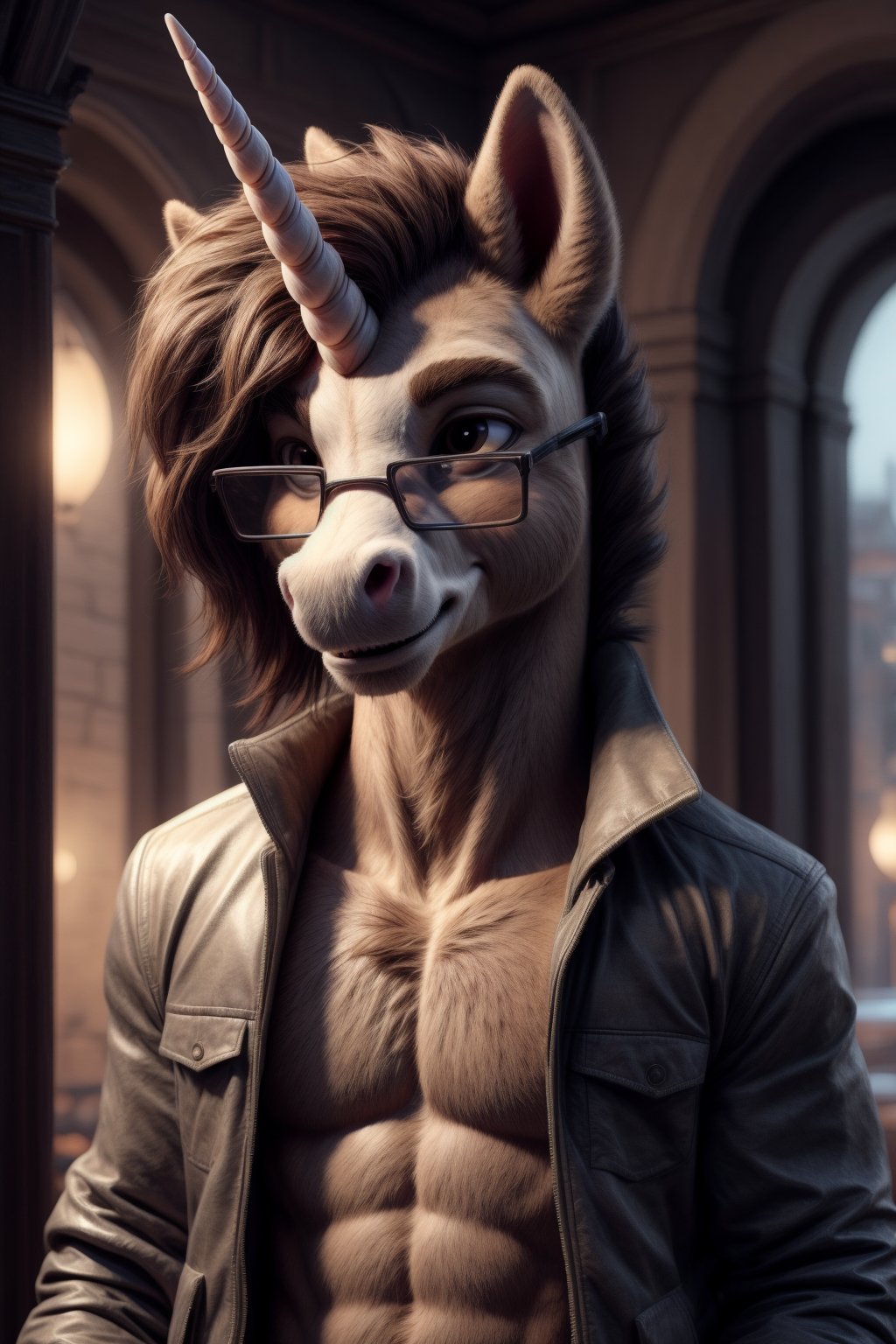 An anthropomorphic beige unicorn pony with scruffy brown hair and glasses wearing a jacket and smiling smugly