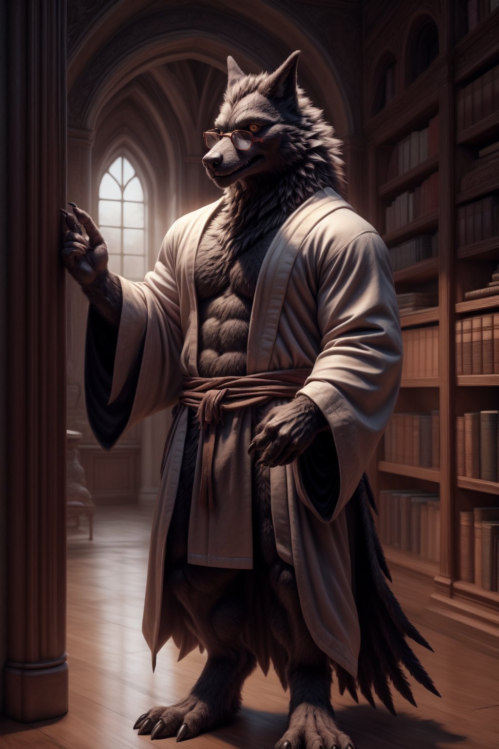 An anthropomorphic raven wearing dorky glasses and wearing a wizard robe standing in a library