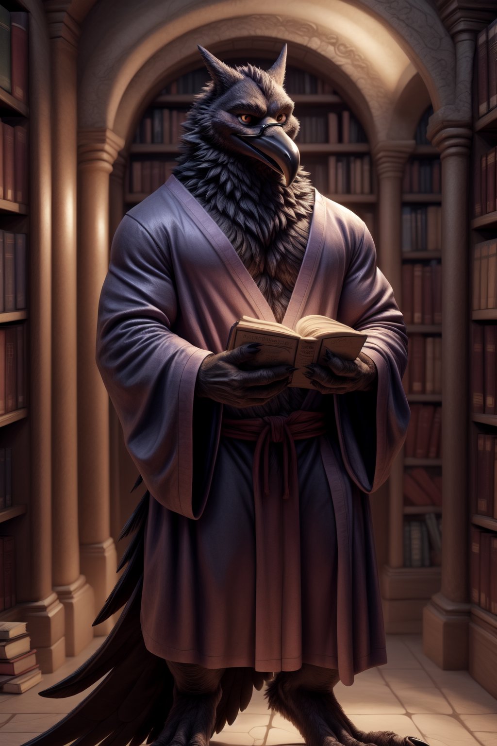 An anthropomorphic raven with black feathers and a black beak wearing dorky glasses and wearing a wizard robe standing in a library