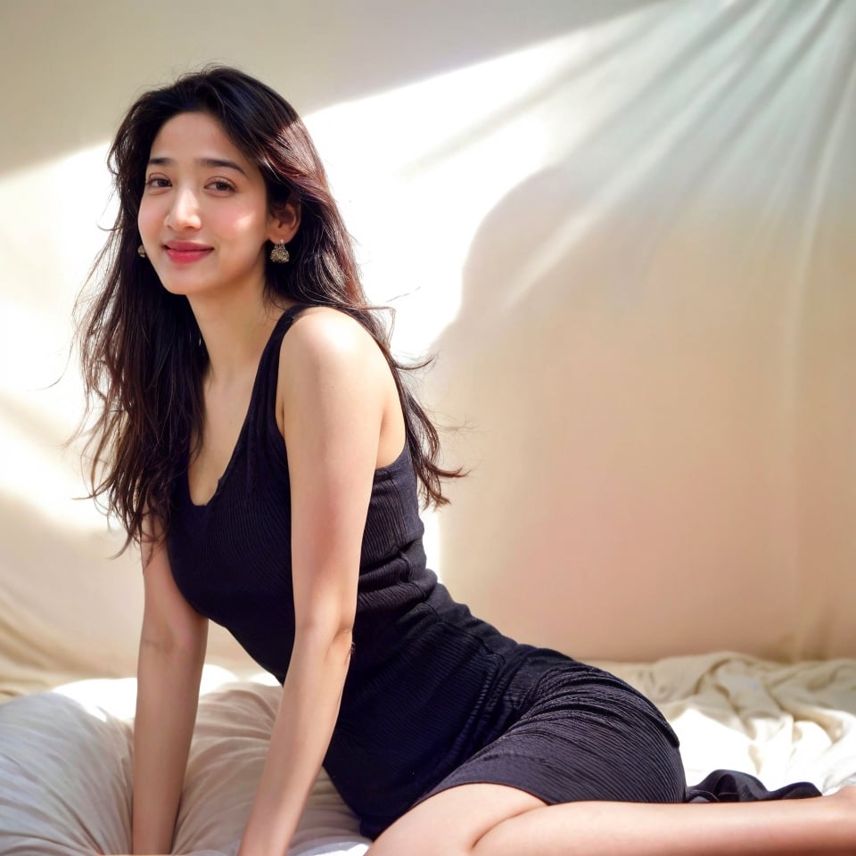 A 30 years old girl ,raw photo, realistic, thick waist, slim body, small smile, long straight brown hair,with beautiful earnings, movie scene, cinematic, high-quality, ultra-detailed, professionally color graded, professional photography. ( soft light:1.2), (volumetric:1.1), well-lit, double exposure, award-winning photograph ,blackdress
,Indian, skirt,tamannah bhatia,Soojin,1 girl, open clevege 