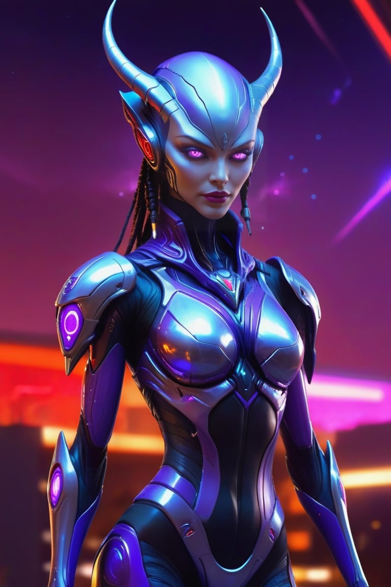 humanoid female alien,  (there is a devil-like tail) futuristic artificial intelligence superstar artwork with a frame mad...