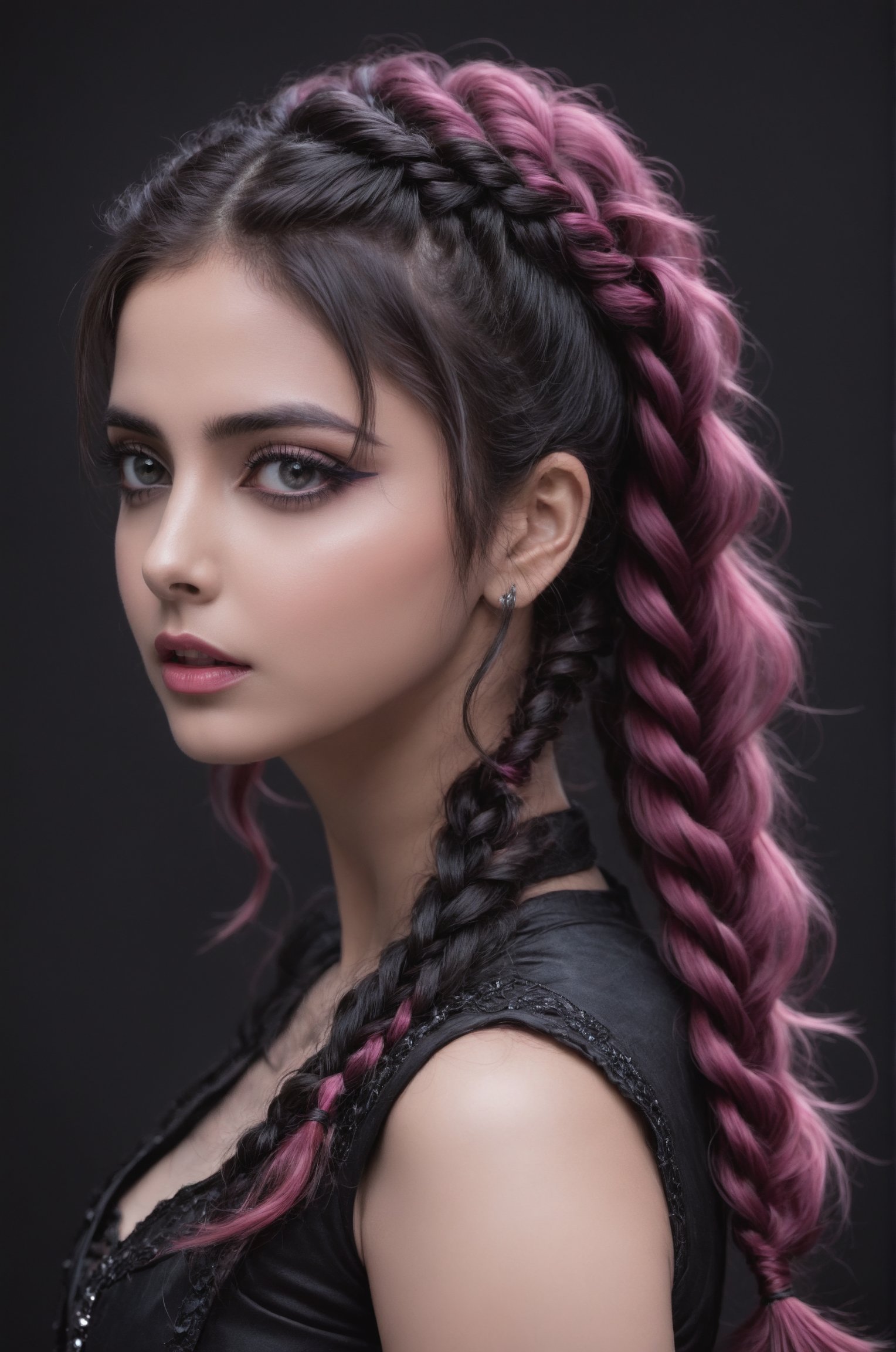 beautiful Indian girl, 23 year old, Highy detailed image, cinematic shot, (bright and intense:1.2), wide shot, perfect centralization, side view, dynamic pose, crisp, defined, HQ, detailed, HD, dynamic light & pose, motion, moody, intricate, 1girl, pink curly hair in elaborate braids and pony tails, (((goth))) light pink eyes, black roses in hair, attractive, clear facial expression, perfect hands, emotional, hyperrealistic inspired by necronomicon art, fantasy horror art, photorealistic dark concept art
,goth person