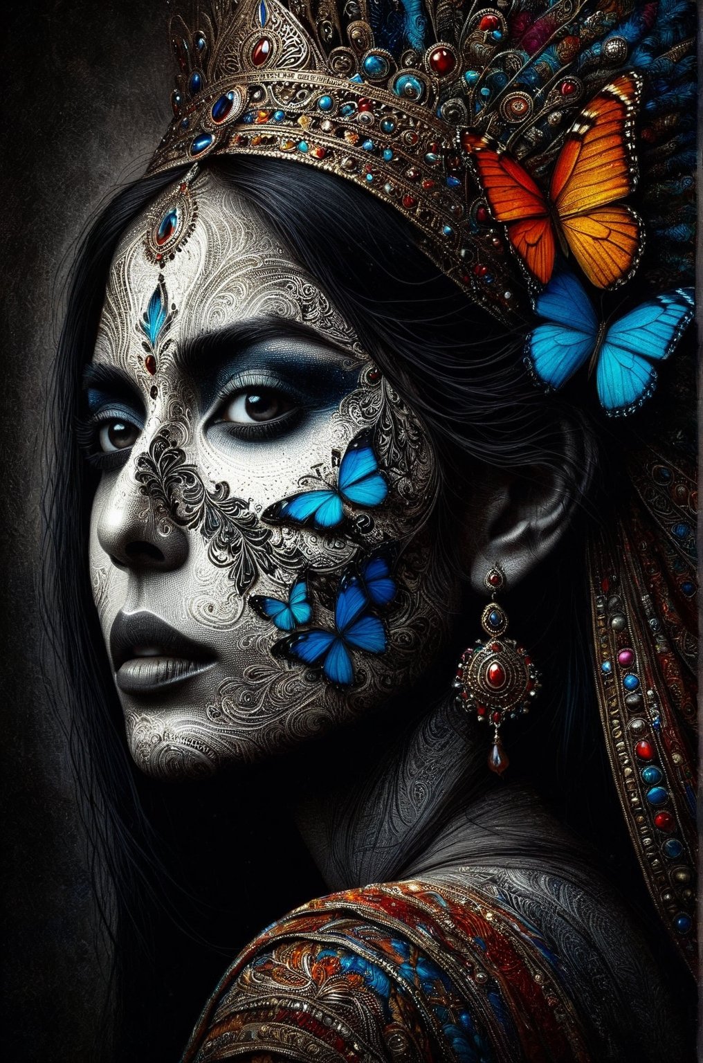 An Indian woman , a queen who wishes becoming  a butterfly,  vivid palette,  moody lighting,  high resolution and contrast,  intricately textured and extremely detailed,  detailmaster2,  side-light,  best quality,  fine artwork,ink art, Indian beauty,DonMM1y4XL