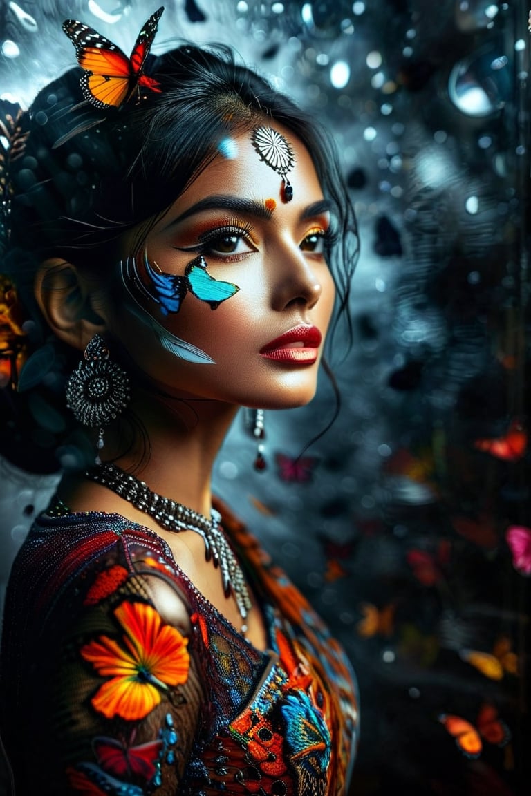 An indian woman , a queen who wishes becoming  a butterfly,  vivid palette,  moody lighting,  high resolution and contrast,  intricately textured and extremely detailed,  detailmaster2,  side-light,  best quality,  fine artwork,ink art,Clear Glass Skin, Indian beauty