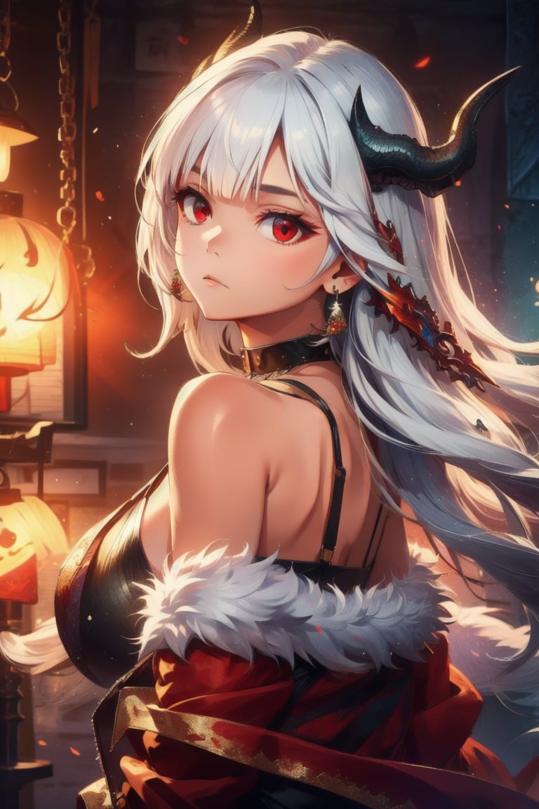 1girl, solo, long hair, looking at viewer, bangs, red eyes, bare shoulders, jewelry, closed mouth, upper body, white hair, earrings, horns, choker, looking back, blunt bangs, off shoulder, black choker, piercing, ear piercing, dragon horns, dragon, eastern dragon