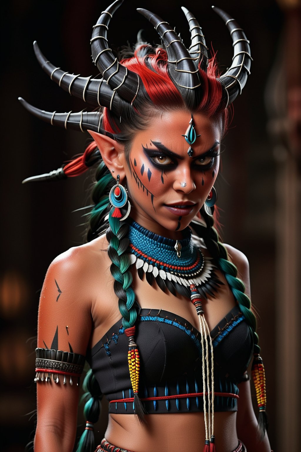 (best quality,8K,highres,masterpiece, full body shot), ultra-detailed, (girl with an unusual hairstyle made of braids and feathers), a girl with an extraordinary hairstyle composed of intricate braids interwoven with feathers. Her hair is styled with meticulous detail, showcasing the complexity and creativity of the braids and the delicate texture of the feathers. The overall composition highlights her unique and striking appearance, with a focus on the detailed craftsmanship of her hairstyle. The vibrant colors of the feathers add an element of whimsy and elegance, enhancing the overall visual impact of the image, Indian beauty,more detail XL