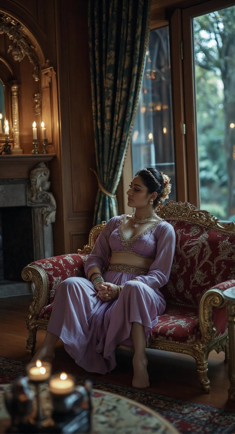 highly detailed cinematic photo , close up stunning woman arabian princess with asian mixed features relaxing in a luxurious chamber filled with opulent furnishings. The room has rich, dark wood paneling, a marble fireplace, and an ornate rug covering the polished floor. The princess, clad in a soft translucent lavender crop top and harem pants with delicate lace details, lounges on a huge golden-framed settee, Delicate drapes frame the windows, and a serene landscape is visible outside, adding to the tranquil atmosphere fiery light, contrasting against the dark, eerie atmosphere of the forest. The background is a soft blur of warm, glowing bokeh lights, creating a dreamy and ethereal atmosphere. The overall color palette is rich with deep blues, golds, and subtle hints of green, enhancing the mystical and elegant style of the artwork.Embers float in the air, creating a mystical and intense atmosphere, anime, cyberpunk, mythp0rt"