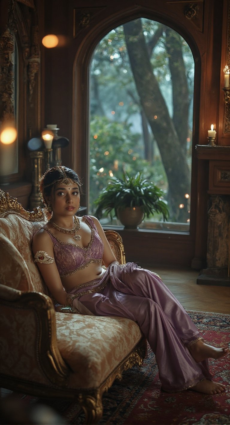 highly detailed cinematic photo , close up stunning woman arabian princess with asian mixed features relaxing in a luxurious chamber filled with opulent furnishings. The room has rich, dark wood paneling, a marble fireplace, and an ornate rug covering the polished floor. The princess, clad in a soft translucent lavender crop top and harem pants with delicate lace details, lounges on a huge golden-framed settee, Delicate drapes frame the windows, and a serene landscape is visible outside, adding to the tranquil atmosphere fiery light, contrasting against the dark, eerie atmosphere of the forest. The background is a soft blur of warm, glowing bokeh lights, creating a dreamy and ethereal atmosphere. The overall color palette is rich with deep blues, golds, and subtle hints of green, enhancing the mystical and elegant style of the artwork.Embers float in the air, creating a mystical and intense atmosphere, anime, cyberpunk, mythp0rt"