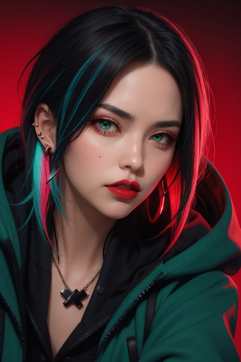 1 Girl, Angry Veins, Black Eyes, black hair, (highlights hair, blue streaked hair), green Eyes, Buttons, Ear Piercings, Cyberpunk Hoodie, Jewelry, Lips, Lipstick, Looking at Viewer, Colorful Hair, Red Lips, Simple Background, Solo, (Portrait, From the Thigh Up, Dynamic Angle: 1.2), Neon Lights, (Red Theme: 1.2), Dark Theme,sexy,latexsuit,d4sh4,@lekg_girl