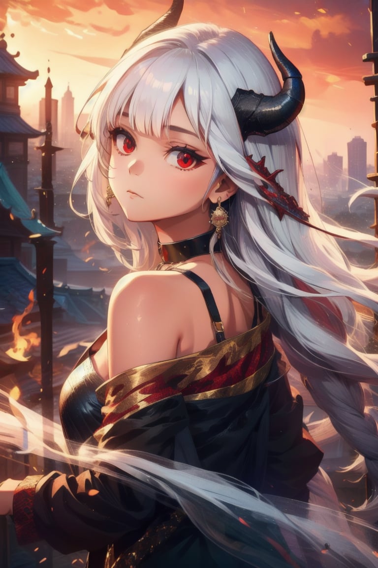 1girl, solo, long hair, looking at viewer, bangs, red eyes, bare shoulders, jewelry, closed mouth, upper body, white hair, earrings, horns, choker, looking back, blunt bangs, off shoulder, black choker, piercing, ear piercing, dragon horns, dragon, eastern dragon