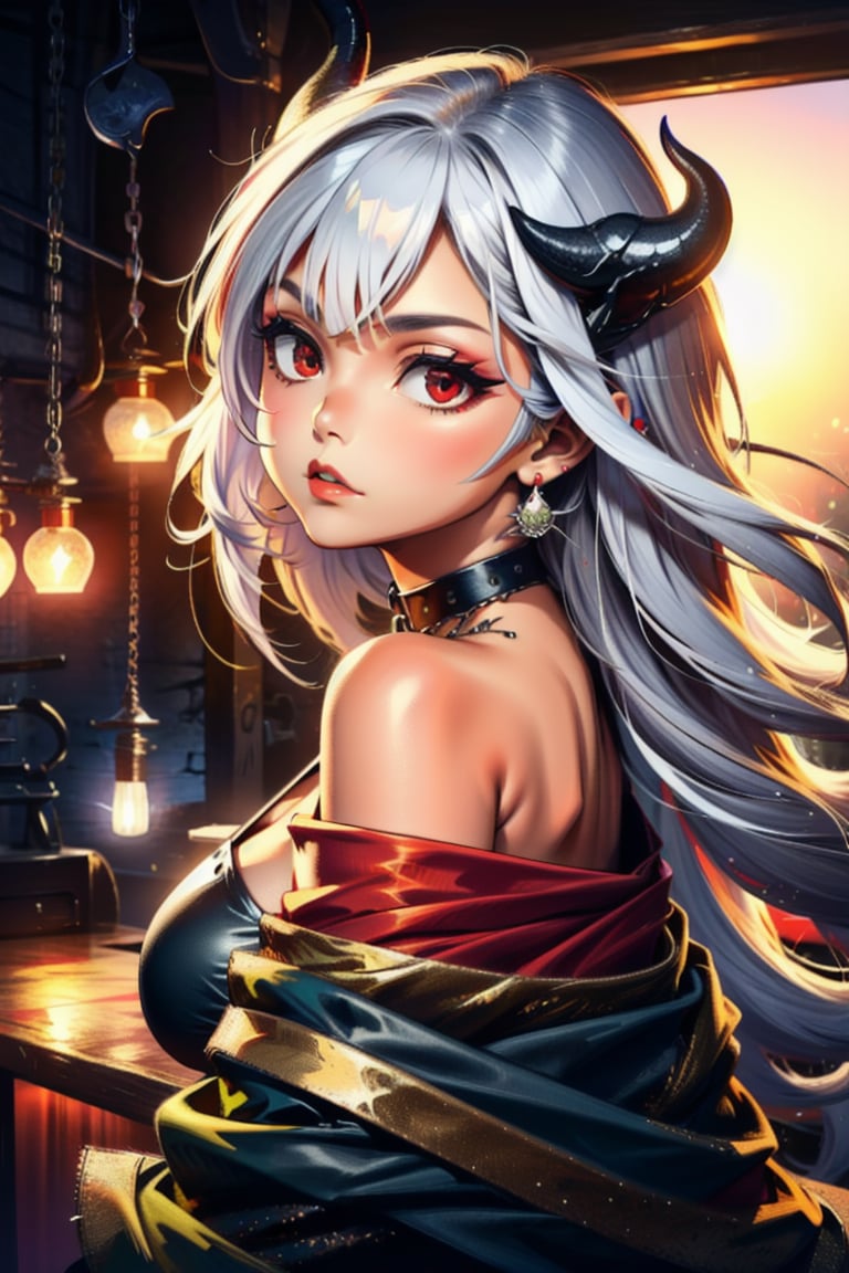 1girl, solo, long hair, looking at viewer, bangs, red eyes, bare shoulders, jewelry, closed mouth, upper body, white hair, earrings, horns, choker, looking back, blunt bangs, off shoulder, black choker, piercing, ear piercing, dragon horns, dragon, eastern dragon