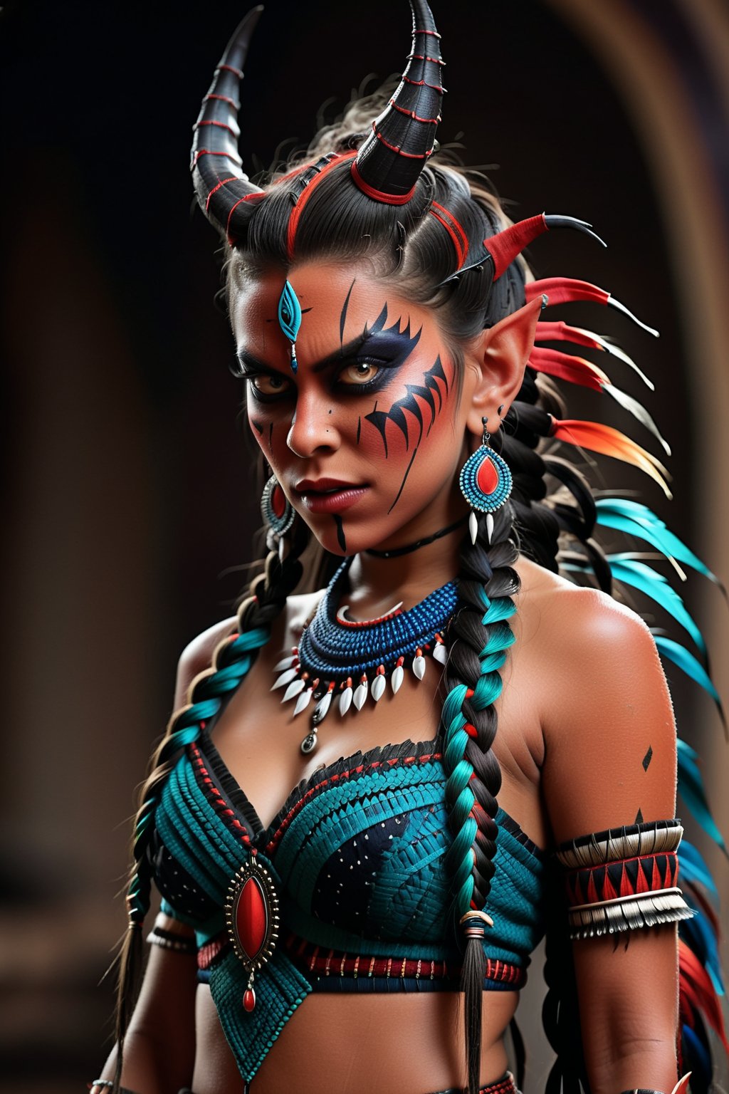 (best quality,8K,highres,masterpiece, full body shot), ultra-detailed, (girl with an unusual hairstyle made of braids and feathers), a girl with an extraordinary hairstyle composed of intricate braids interwoven with feathers. Her hair is styled with meticulous detail, showcasing the complexity and creativity of the braids and the delicate texture of the feathers. The overall composition highlights her unique and striking appearance, with a focus on the detailed craftsmanship of her hairstyle. The vibrant colors of the feathers add an element of whimsy and elegance, enhancing the overall visual impact of the image, Indian beauty,more detail XL