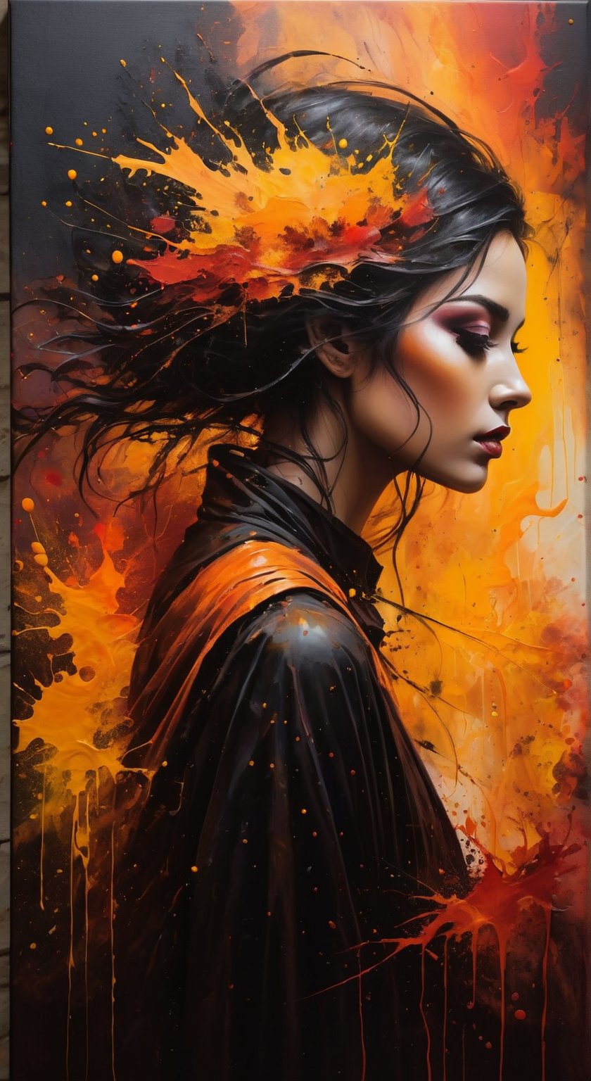 A dark fantasy portrait, dominated by warm hues of orange, yellow, and red. The artwork features splatters and blends of these vibrant colors, creating a sense of movement and energy. The entire canvas appears wet, with the colors merging and blending in various areas, forming a dynamic and fluid appearance. The overall atmosphere of the painting is mysterious and evocative, drawing the viewer into its hauntingly beautiful world., dark fantasy