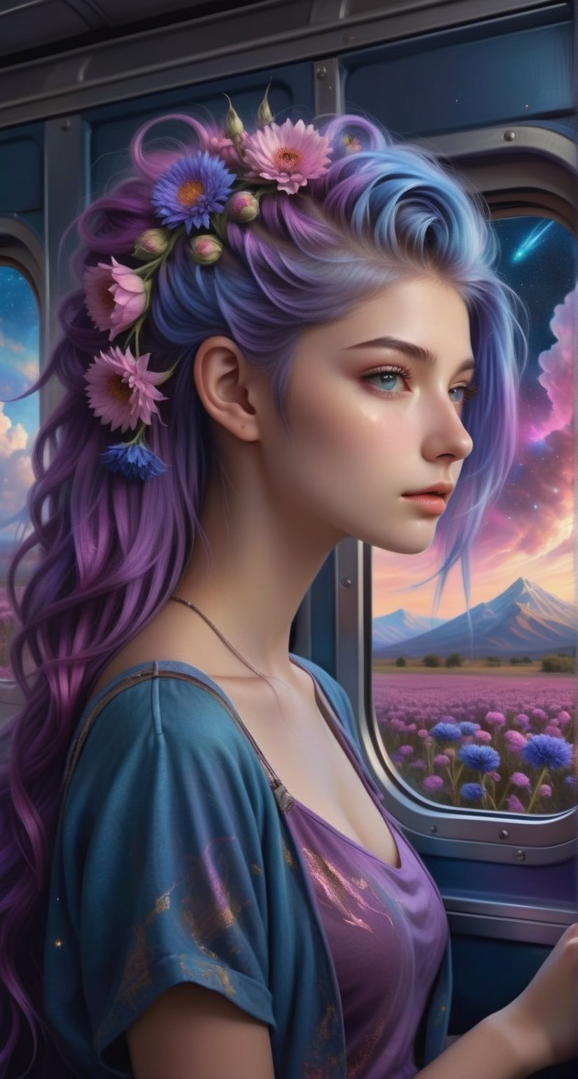 Teen girl with cornflowerblue long faux hawk hair, Hyperrealistic train carriage detailed with blooming flowers,ethereal cloud animals with shimmering outlines,passengers gazing in awe,vast sky with swirling galaxies,cosmic colors (purples, blues, pinks),dramatic lighting,mystical atmosphere, expressive,concept art,dark theme