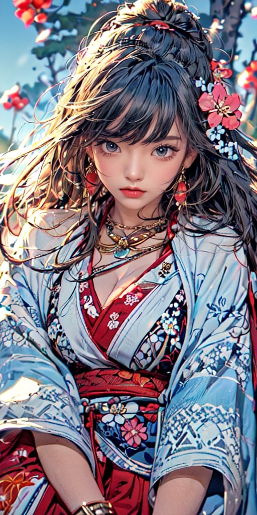 masterpiece, uhd, 8k,, ((ukiyoe style)), ((((masterpiece)))), (((best quality))), (illustration),(1girl:1.5),(solo:1.5), ((an extremely delicate and beautiful)), ((little girl)) , cute, ((hime_cut)), side blunt bangs,(white blue:1.2), hairs between eyes, ribbons, Bracelet , ,((japanese_clothes)),  cleavage,  ((miko)), , sakura tree, on park, flower petal, floating,Extremely Realistic,1 girl, dynamic move, frontal view, 