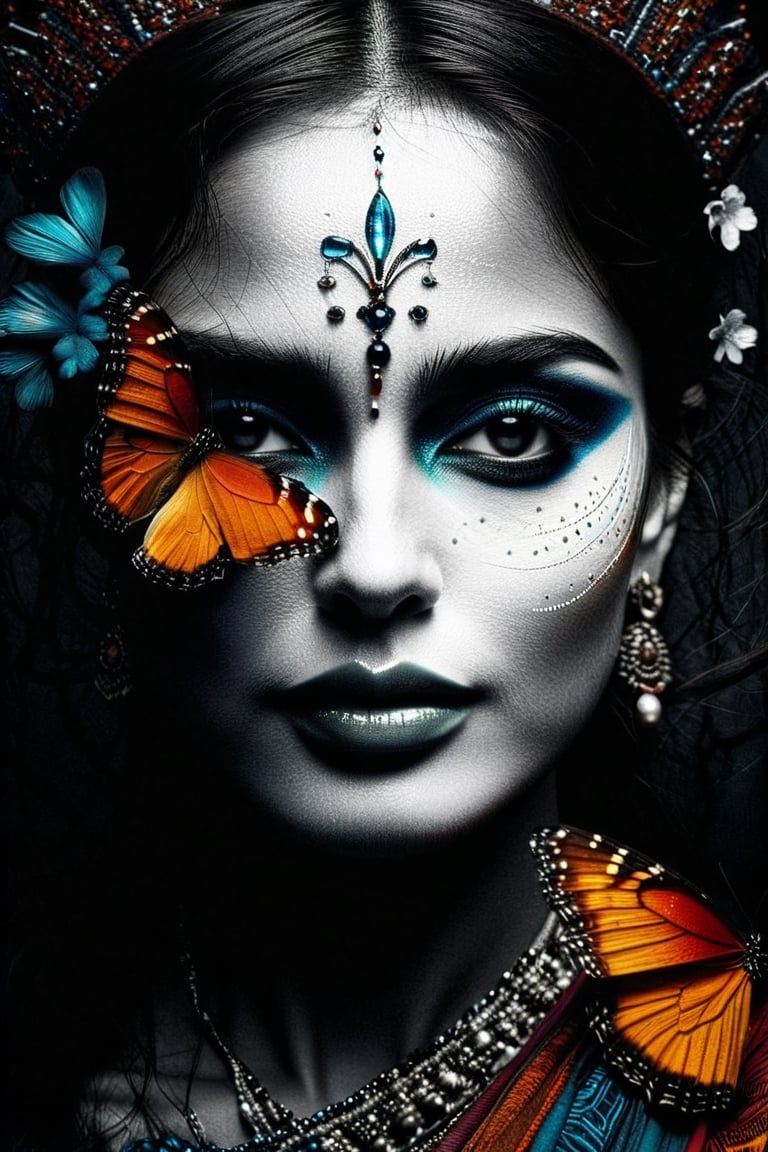 An Indian woman , a queen who wishes becoming  a butterfly,  vivid palette,  moody lighting,  high resolution and contrast,  intricately textured and extremely detailed,  detailmaster2,  side-light,  best quality,  fine artwork,ink art