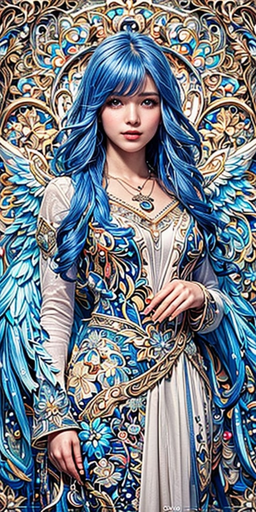 (masterpiece, top quality, best, official art, beautiful and aesthetic:1.2),1girl, (pop art:1.4), (zentangle, flower effects:1.2), (art nouveau:1.1), angelreah, blue hair, angel wings, white dress, detached sleeves, necklace, gentle smile, happy, portrait, pony hair, angel_wings, straight-on, batik, indian