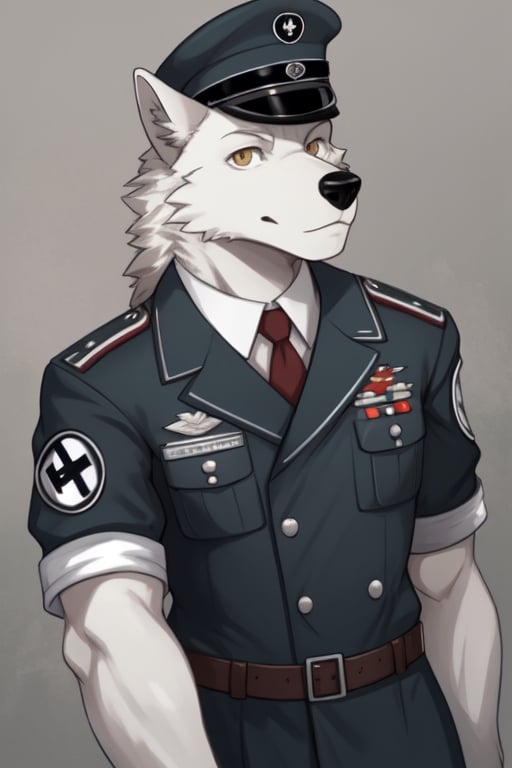 a smart male White wolf that wear nazi uniform,2D