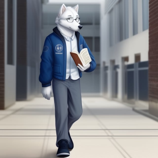 a smart young furry white wolf with eyeglass and wear white shirt and dark blue jacket with paw logo on the left side also wearing grey pants and black shoes,school background,walking alone and reading a book