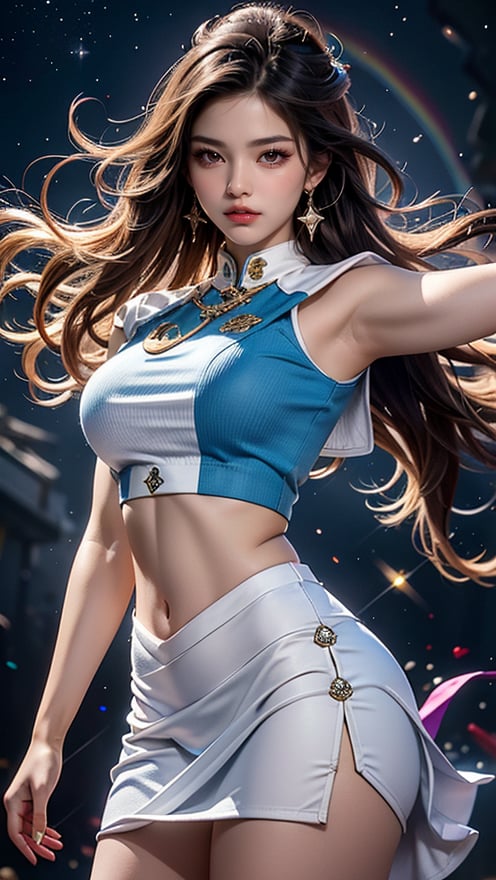 1 girl, real girl, Cowboy shot, clean face, detailed face, smiling, dynamic pose, changing pose, dynamic angle, (Rainbow color, colorful color), jewelry, Field:1.5, ass-length long hair, navel, stomach, earrings, sailor dress uniform, background starry Nebula, 