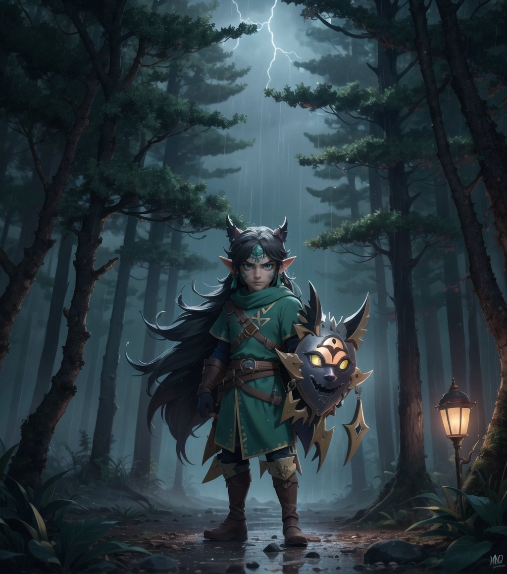 (Masterpiece in maximum 16K resolution, illustration style inspired by The Legend of Zelda Majora's Mask.)) | ((Link)) is in the macabre forest, wearing Majora's Mask on a night of heavy rain. He is dressed in his signature green tunic, but the mask gives him a sinister and frightening appearance. | The forest is dense and dark, with gnarled trees and rotting leaves scattered across the ground. Heavy rain creates a gloomy and oppressive atmosphere, while lightning lights up the sky every now and then. | The composition of the scene is dynamic, with camera angles that emphasize the feeling of fear and despair. Link is in a defensive pose, holding his sword and shield, while looking around with expressionless eyes. | The lighting effect is dark, with cold lights and deep shadows that create a dramatic contrast and enhance the horror atmosphere. | Link using Majora's Mask in a macabre forest at night, raining heavily. | {The camera is positioned very close to him, revealing his entire body as he assumes an exciting pose, interacting with and leaning against a structure in the scene in an exciting way.} | He takes a (((exciting pose as he interacts, boldly leaning on a structure, leaning back in an exciting way))), (((((full-body_image))))), ((perfect_pose, perfect_anatomy, perfect_body)), ((perfect_finger, perfect_fingers, perfect_hand, perfect_hands, better_hands)1.0), ((More Detail, ultra_detailed, Enhance)).,