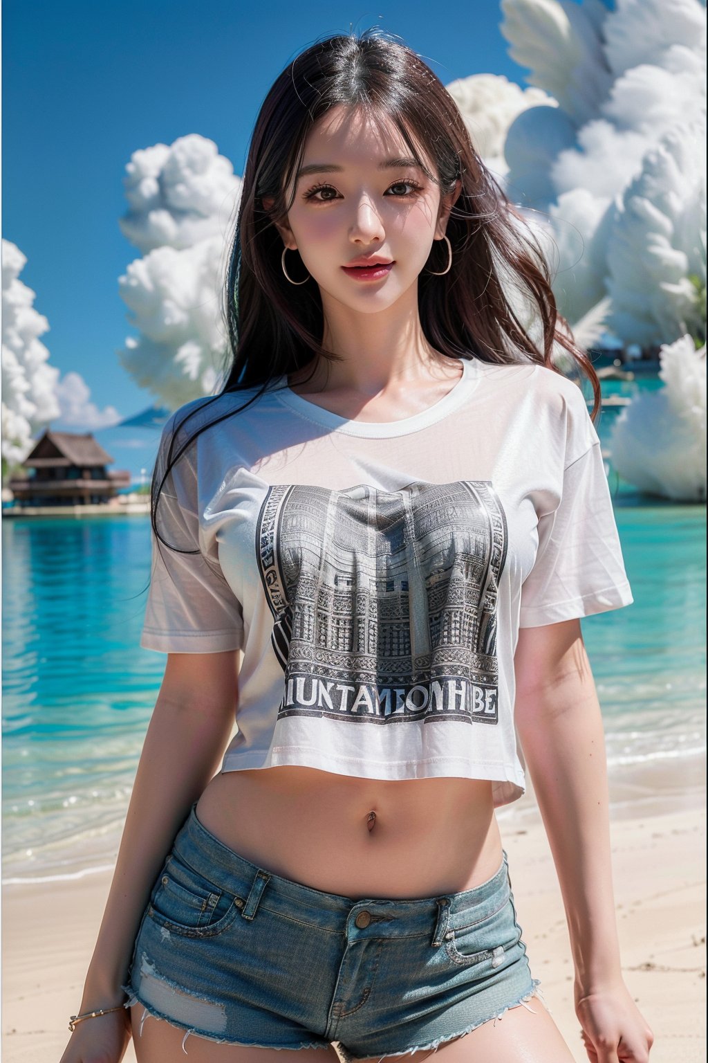 1 girl , solo, Hani, realistic, ((UHD, Highly Detail)), (Intricate Detail:1.3), (Highest Quality:1.3), (Masterpiece:1.3), (Surreal:1.3), {beautiful and detailed eyes}, glossy lips, perfect body, lean body, long legs, Glamor body type, sexy pose, ((a girl wearing oversized tshirts and shorts)), happy smile, ear_rings, at borabora beach resort,