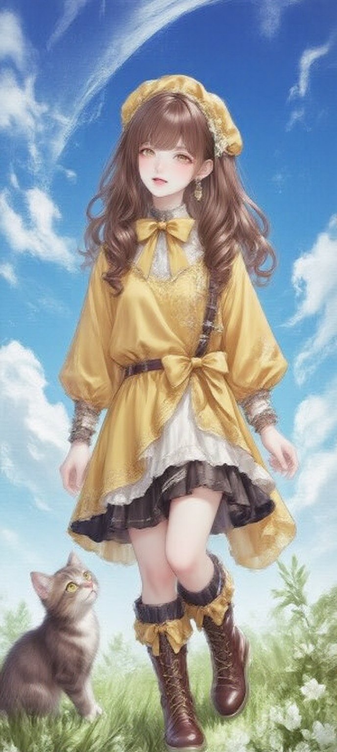 A young girl with long,  curly brown hair and bangs,  sporting a bright smile and open mouth. She wears a yellow shirt wit...