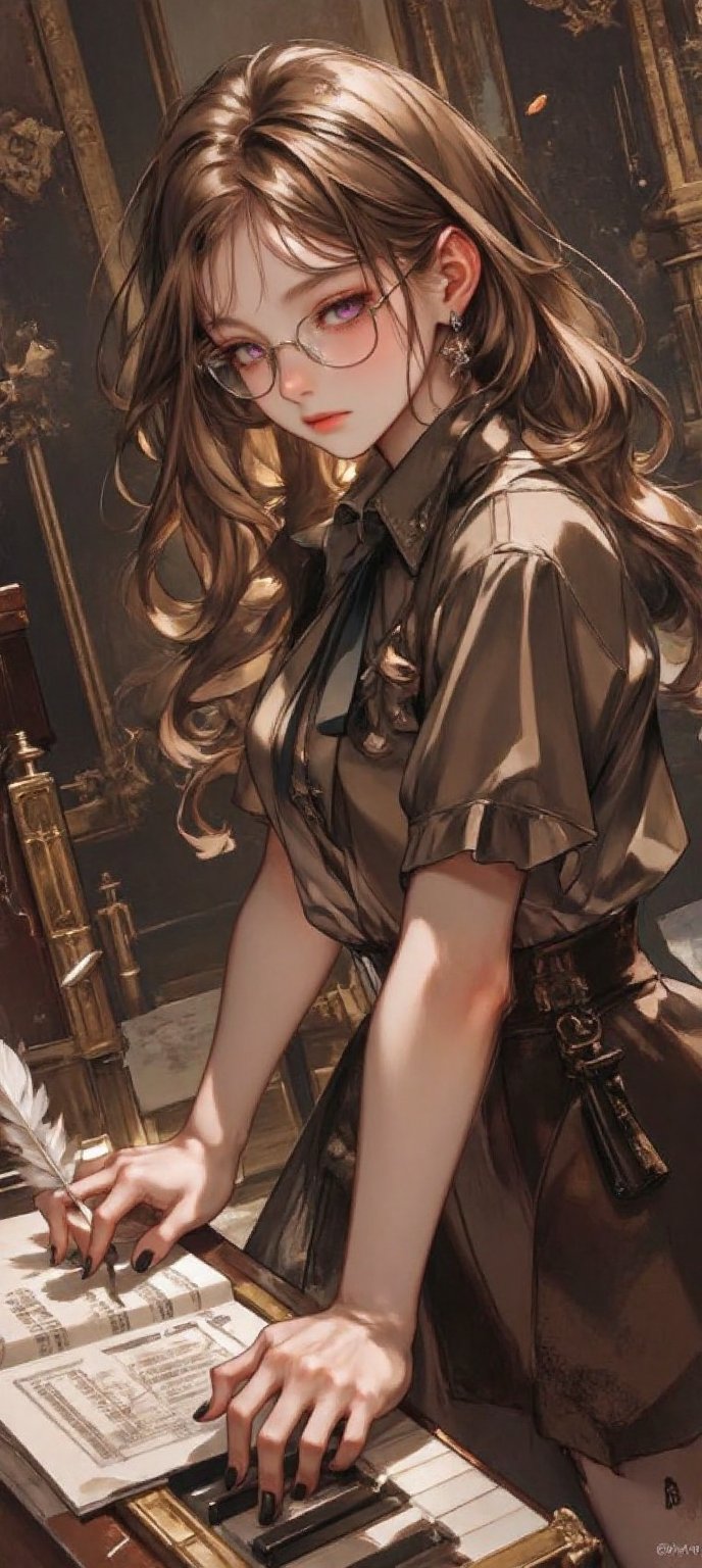 A young girl with long,  brown hair and bangs sits alone,  her purple eyes gazing down at a stack of sheet music on the ta...