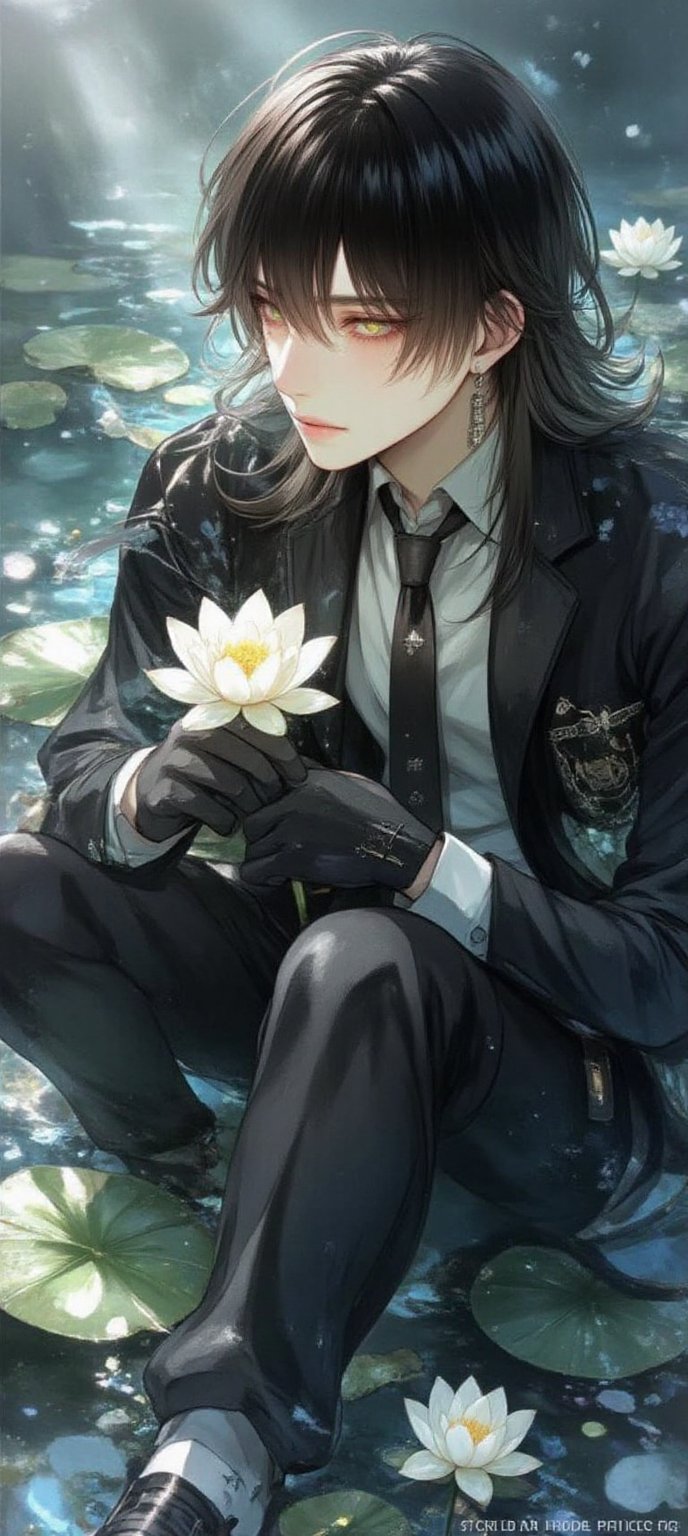 A serene Zhongli sits on a lily pad,  surrounded by the tranquil atmosphere of a misty pond. His long hair with gradient h...