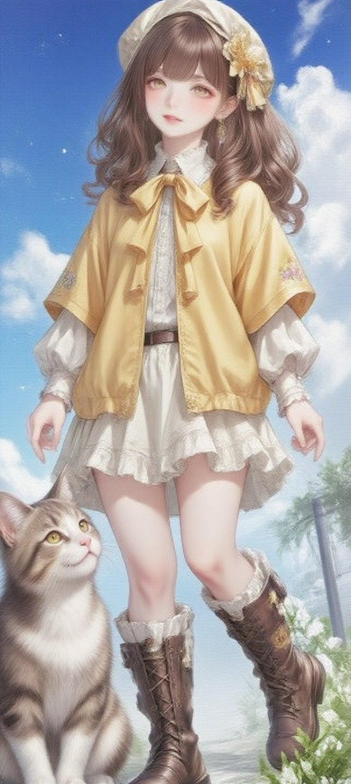 A young girl with long,  curly brown hair and bangs,  sporting a bright smile and open mouth. She wears a yellow shirt wit...