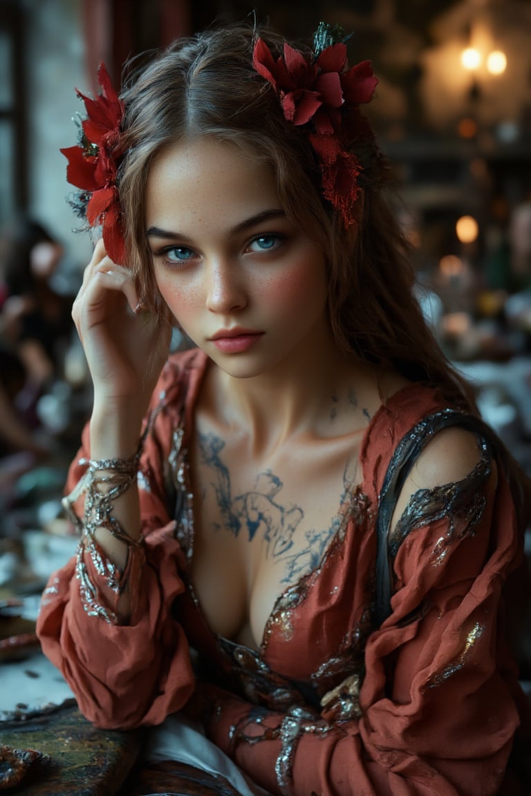 Young countess sits at dinner in a crowded dinning room in 1600's france, high fashion, atmosphere, ultra realistic HD,  / Hyperrealistic sexy ,full body, long  hair, ultra detail blue eyes, beautiful face, An extremely high-resolution hyperrealistic portrait of a girl, pushing the boundaries of realism with fine textures and lifelike details.
,vintagepaper,text as "",v0ng44g,more detail XL,Brandon Woelfel, ,Jia Lissa